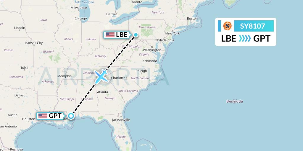 SY8107 Sun Country Airlines Flight Map: Latrobe to Gulfport