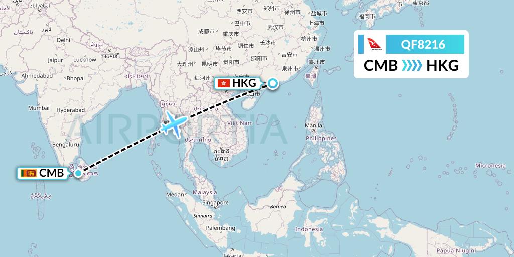 QF8216 Qantas Flight Map: Colombo to Hong Kong