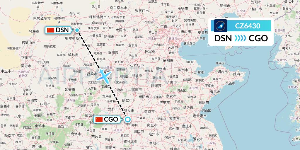 CZ6430 China Southern Airlines Flight Map: Dongsheng to Zhengzhou