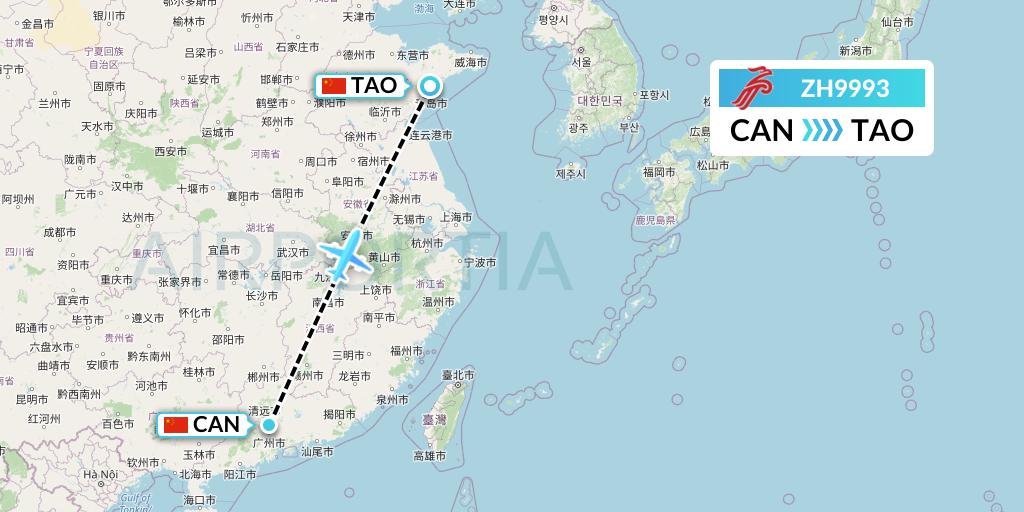 ZH9993 Shenzhen Airlines Flight Map: Guangzhou to Qingdao