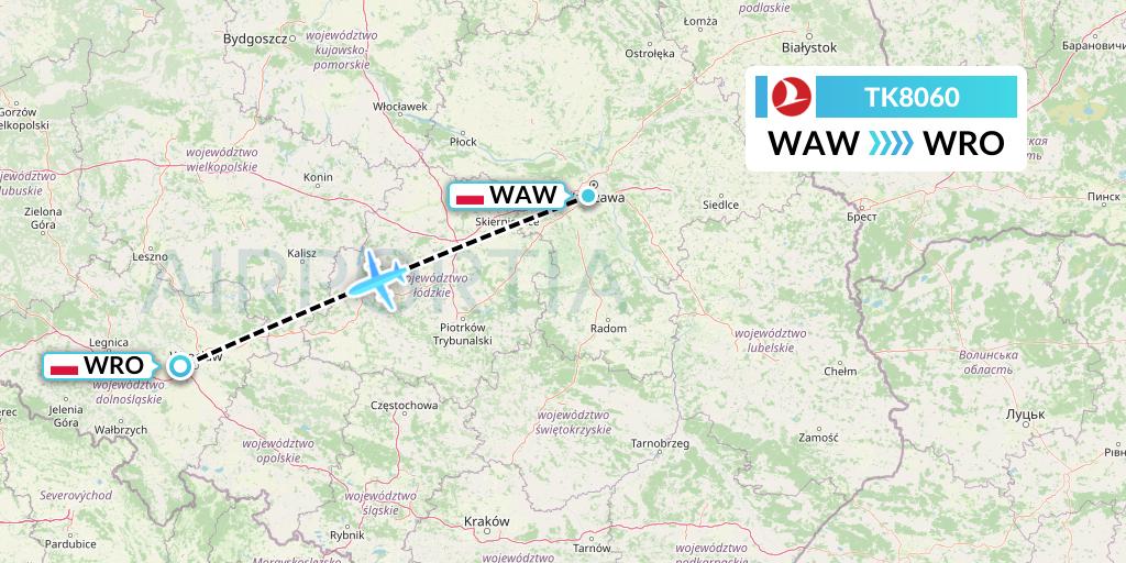 TK8060 Turkish Airlines Flight Map: Warsaw to Wroclaw