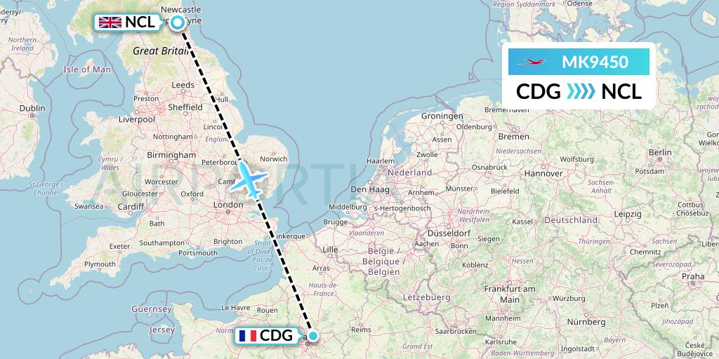MK9450 Air Mauritius Flight Map: Paris to Newcastle