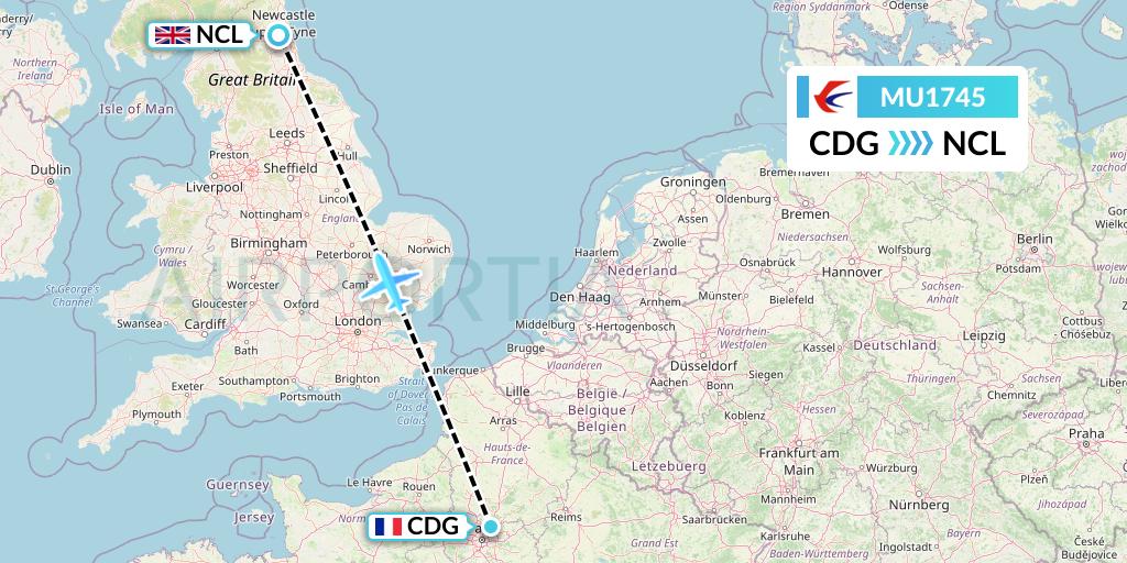 MU1745 China Eastern Airlines Flight Map: Paris to Newcastle