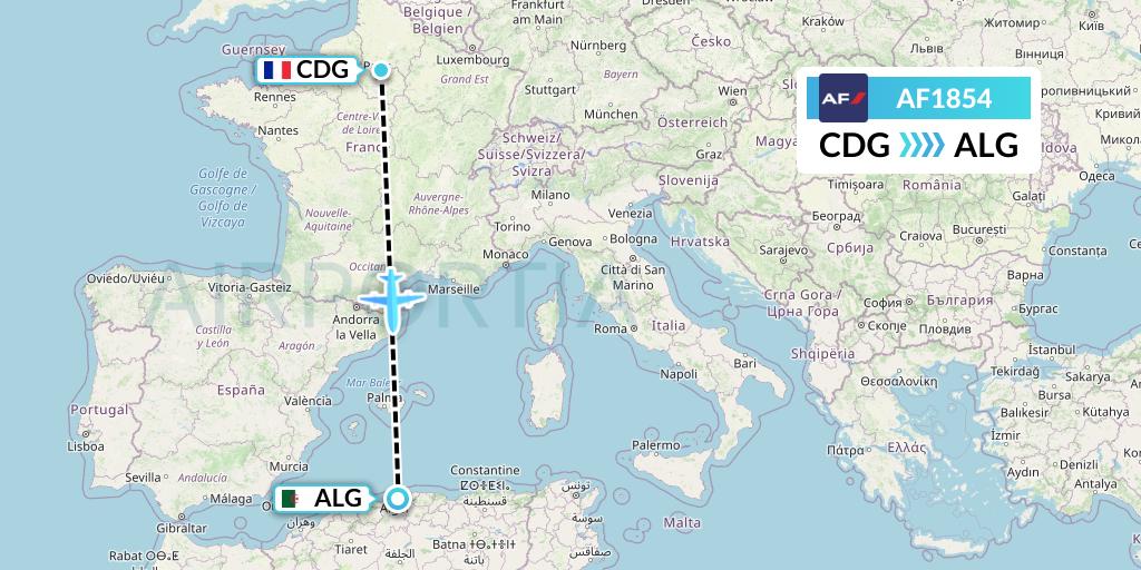 AF1854 Air France Flight Map: Paris to Algiers