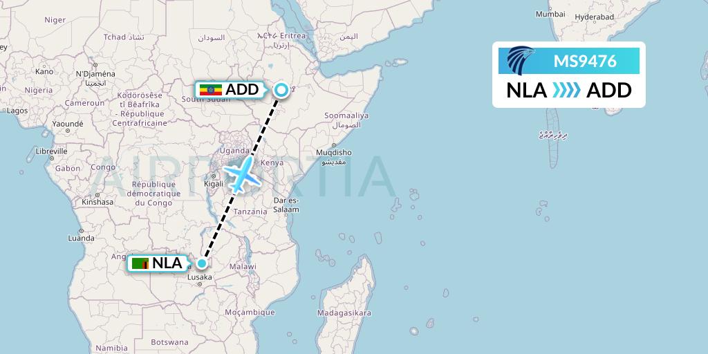 MS9476 EgyptAir Flight Map: Ndola to Addis Ababa