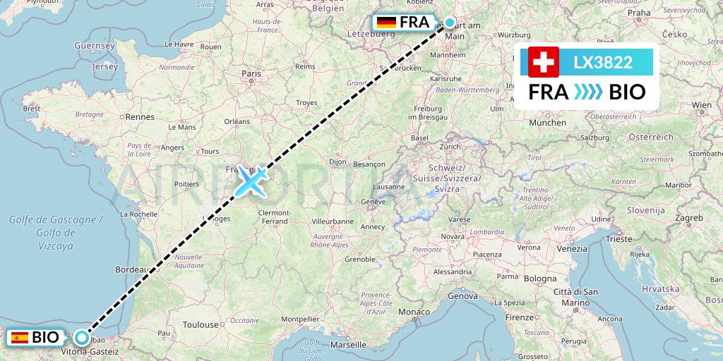 LX3822 Swiss Flight Map: Frankfurt to Bilbao