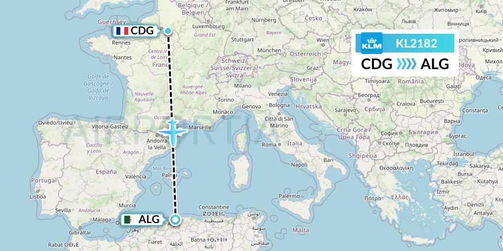 KL2182 KLM Flight Map: Paris to Algiers