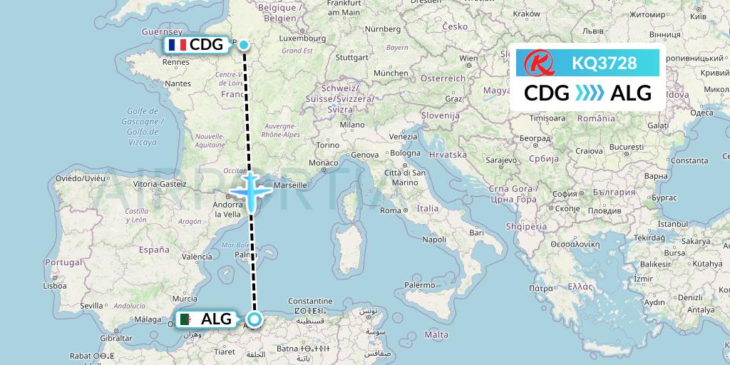 KQ3728 Kenya Airways Flight Map: Paris to Algiers