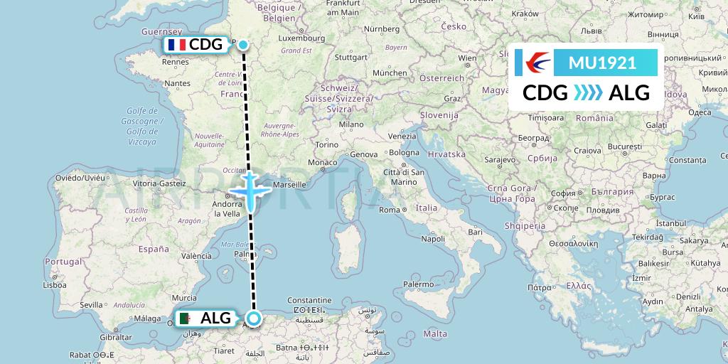 MU1921 China Eastern Airlines Flight Map: Paris to Algiers