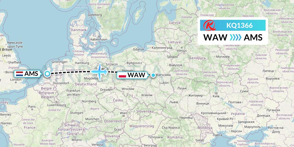 KQ1366 Kenya Airways Flight Map: Warsaw to Amsterdam