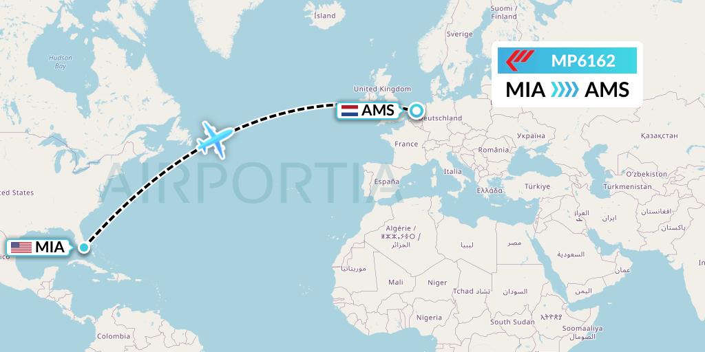 MP6162 Martinair Holland Flight Map: Miami to Amsterdam