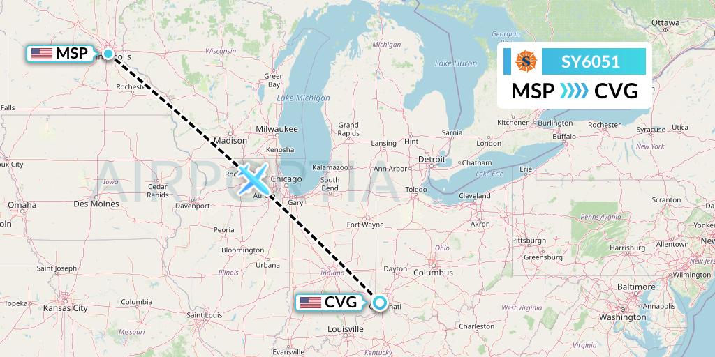 SY6051 Sun Country Airlines Flight Map: Minneapolis to Cincinnati