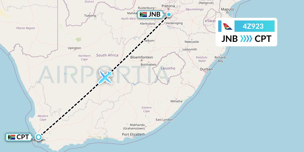 4Z923 Airlink Flight Map: Johannesburg to Cape Town