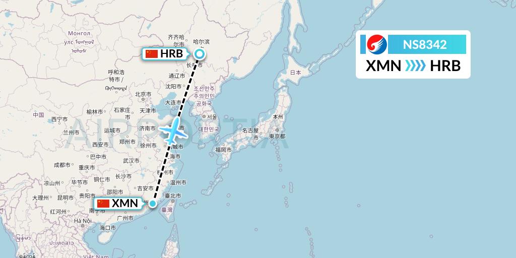 NS8342 Hebei Airlines Flight Map: Xiamen to Harbin