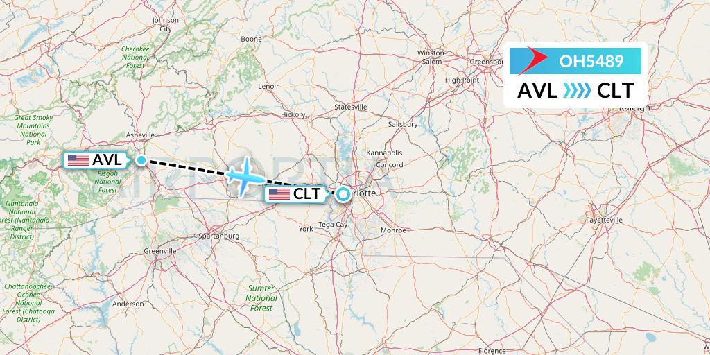 OH5489 PSA Airlines Flight Map: Asheville to Charlotte
