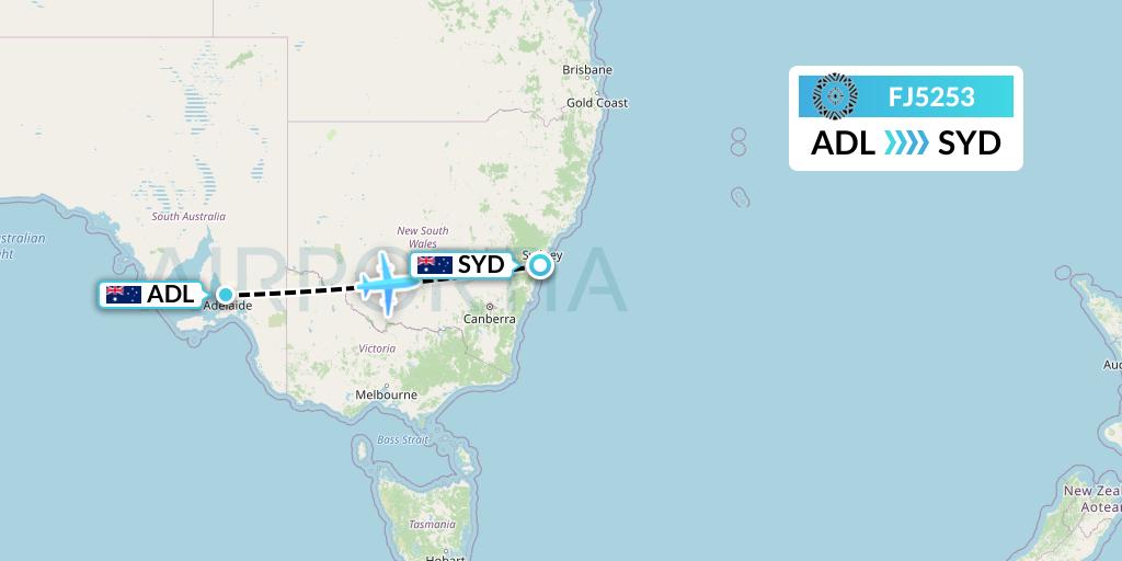 FJ5253 Fiji Airways Flight Map: Adelaide to Sydney