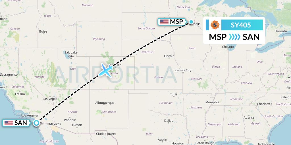 SY405 Sun Country Airlines Flight Map: Minneapolis to San Diego