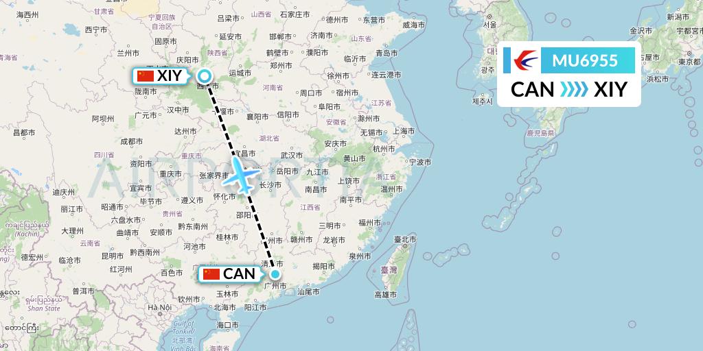MU6955 China Eastern Airlines Flight Map: Guangzhou to Xi'an