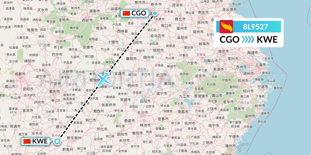 8L9527 Lucky Air Flight Map: Zhengzhou to Guiyang