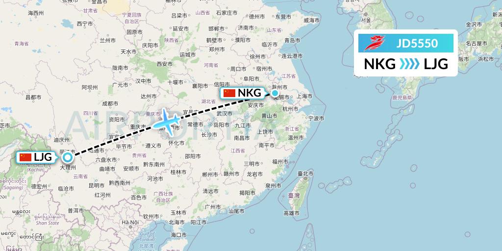 JD5550 Capital Airlines Flight Map: Nanjing to Lijiang