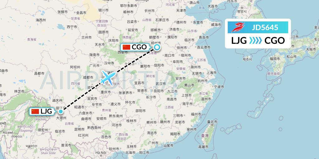 JD5645 Capital Airlines Flight Map: Lijiang to Zhengzhou