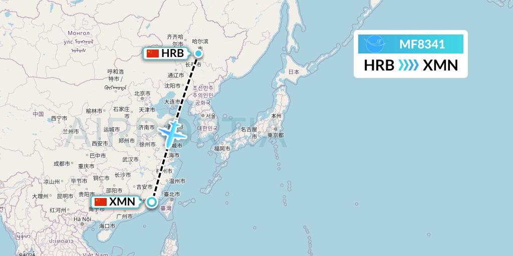 MF8341 Xiamen Airlines Flight Map: Harbin to Xiamen