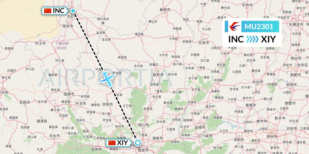 MU2301 China Eastern Airlines Flight Map: Yinchuan to Xi'an