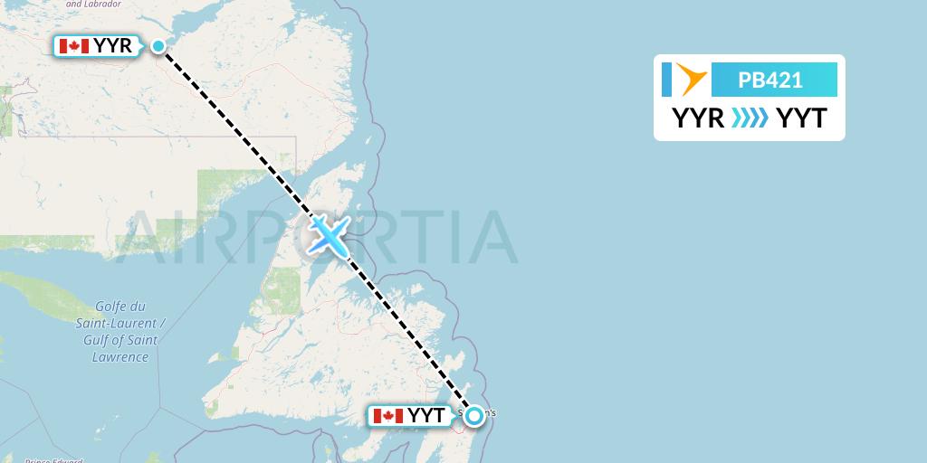 PB421 PAL Airlines Flight Map: Goose Bay to St. John's