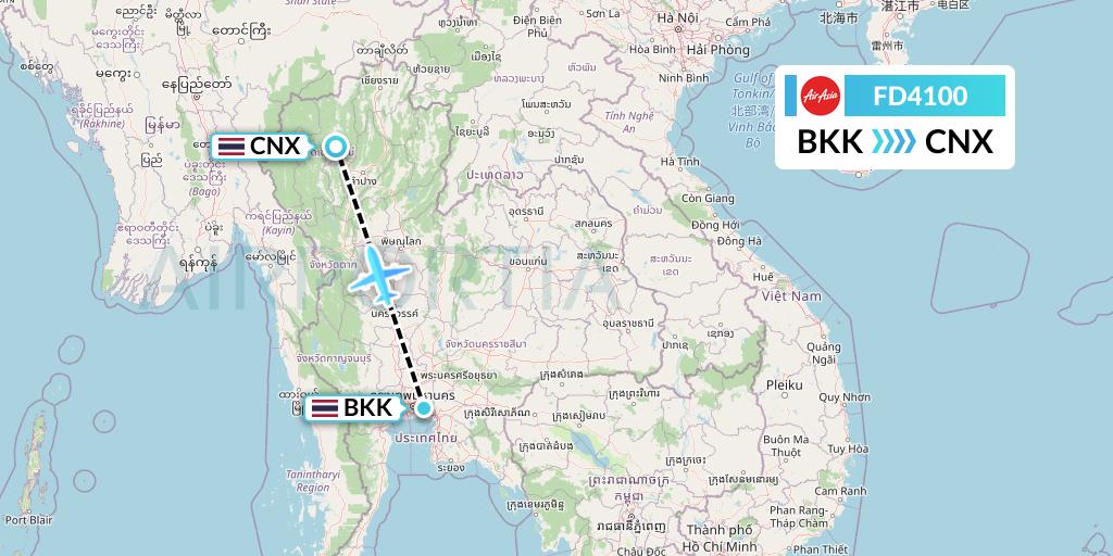 FD4100 Thai AirAsia Flight Map: Bangkok to Chiang Mai