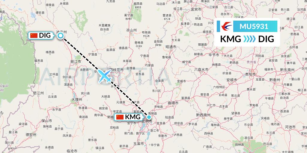 MU5931 China Eastern Airlines Flight Map: Kunming to Shangri-La