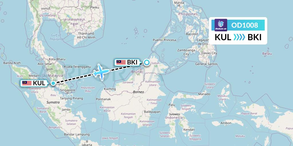 OD1008 Batik Air Malaysia Flight Map: Kuala Lumpur to Kota Kinabalu