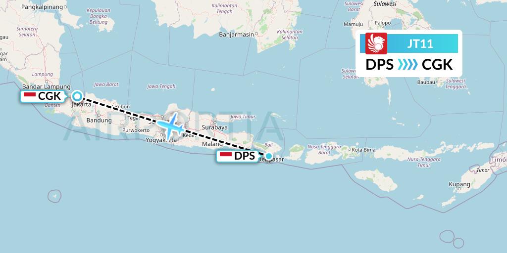 JT11 Lion Airlines Flight Map: Denpasar to Jakarta