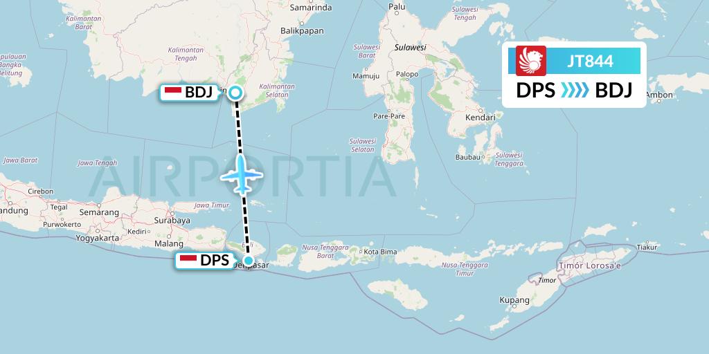 JT844 Lion Airlines Flight Map: Denpasar to Banjarmasin