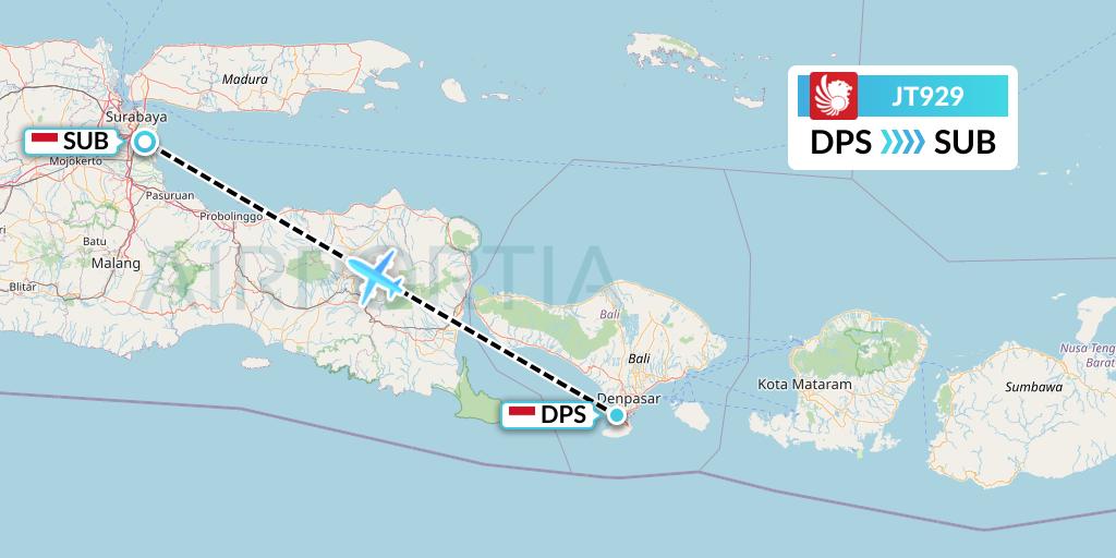 JT929 Lion Airlines Flight Map: Denpasar to Surabaya