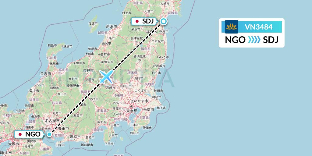VN3484 Vietnam Airlines Flight Map: Nagoya to Sendai