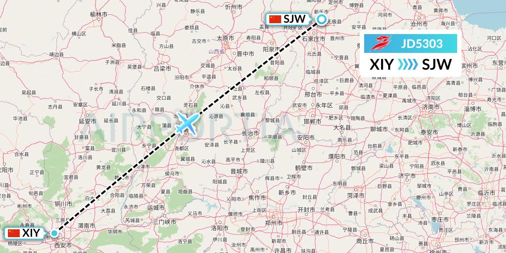 JD5303 Capital Airlines Flight Map: Xi'an to Shijiazhuang