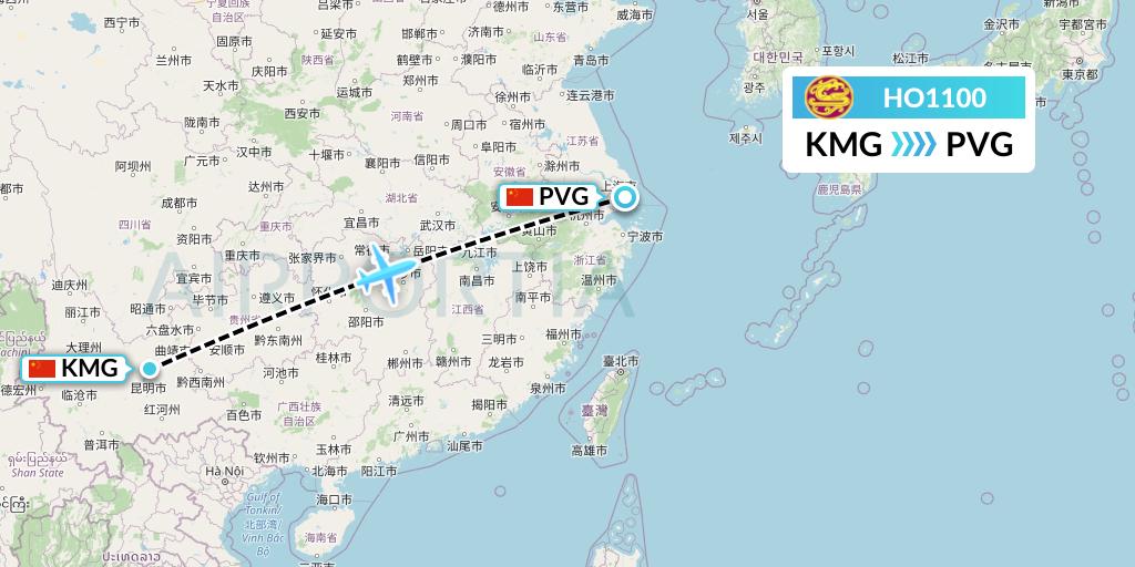 HO1100 Juneyao Airlines Flight Map: Kunming to Shanghai