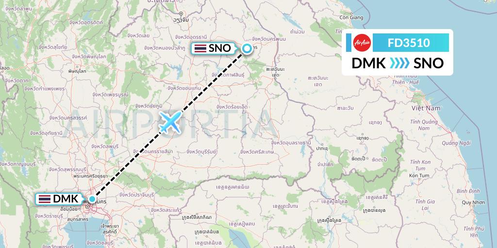 FD3510 Thai AirAsia Flight Map: Bangkok to Sakon Nakhon
