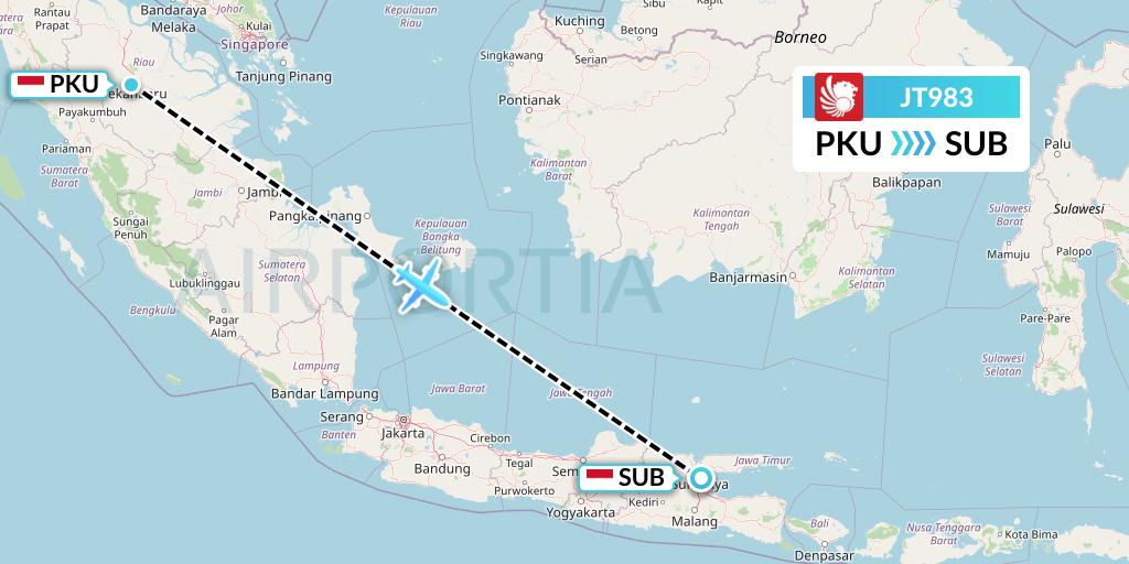 JT983 Lion Airlines Flight Map: Pekanbaru to Surabaya
