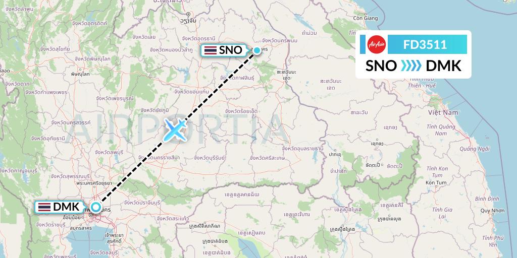 FD3511 Thai AirAsia Flight Map: Sakon Nakhon to Bangkok