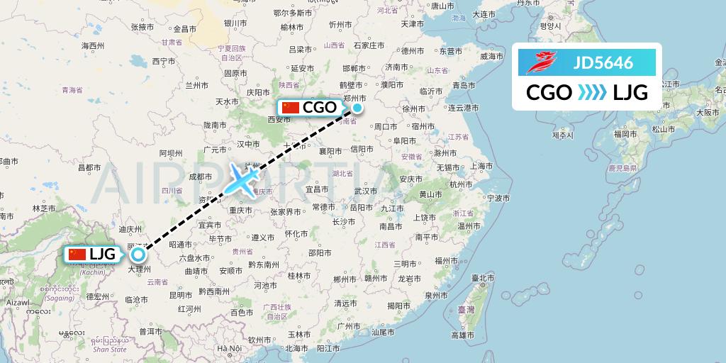 JD5646 Capital Airlines Flight Map: Zhengzhou to Lijiang