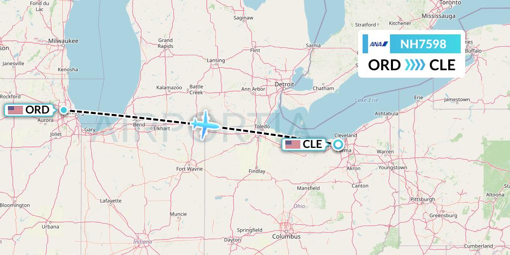 NH7598 All Nippon Airways Flight Map: Chicago to Cleveland