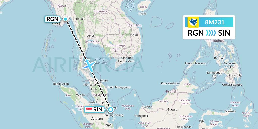 8M231 Myanmar Airways International Flight Map: Yangon to Singapore