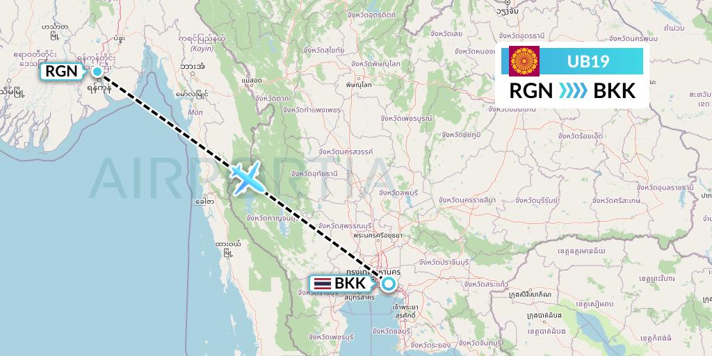 UB19 Myanmar National Airlines Flight Map: Yangon to Bangkok