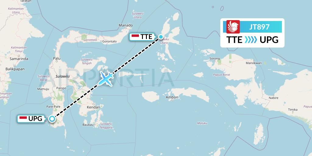 JT897 Lion Airlines Flight Map: Ternate to Makassar