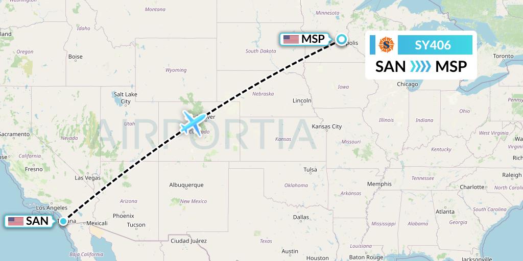 SY406 Sun Country Airlines Flight Map: San Diego to Minneapolis