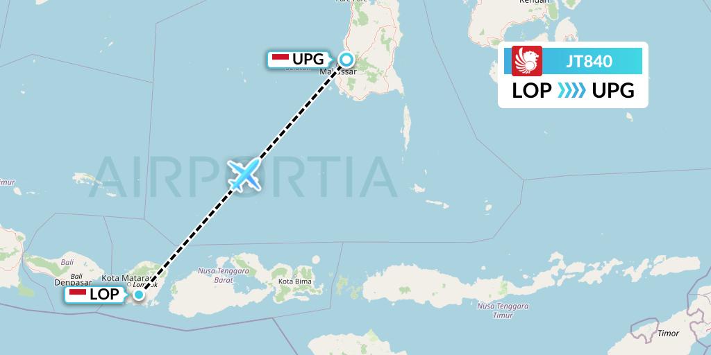 JT840 Lion Airlines Flight Map: Lombok to Makassar