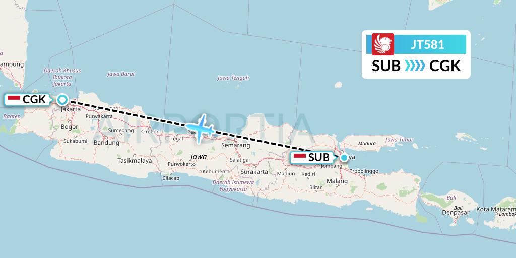 JT581 Lion Airlines Flight Map: Surabaya to Jakarta