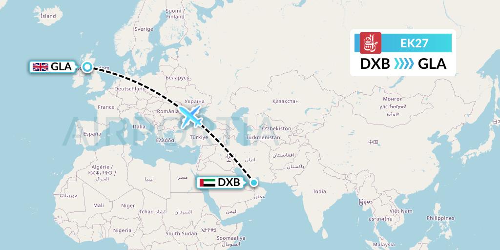 EK27 Emirates Flight Map: Dubai to Glasgow