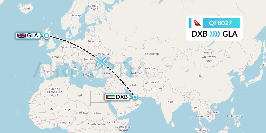 QF8027 Qantas Flight Map: Dubai to Glasgow